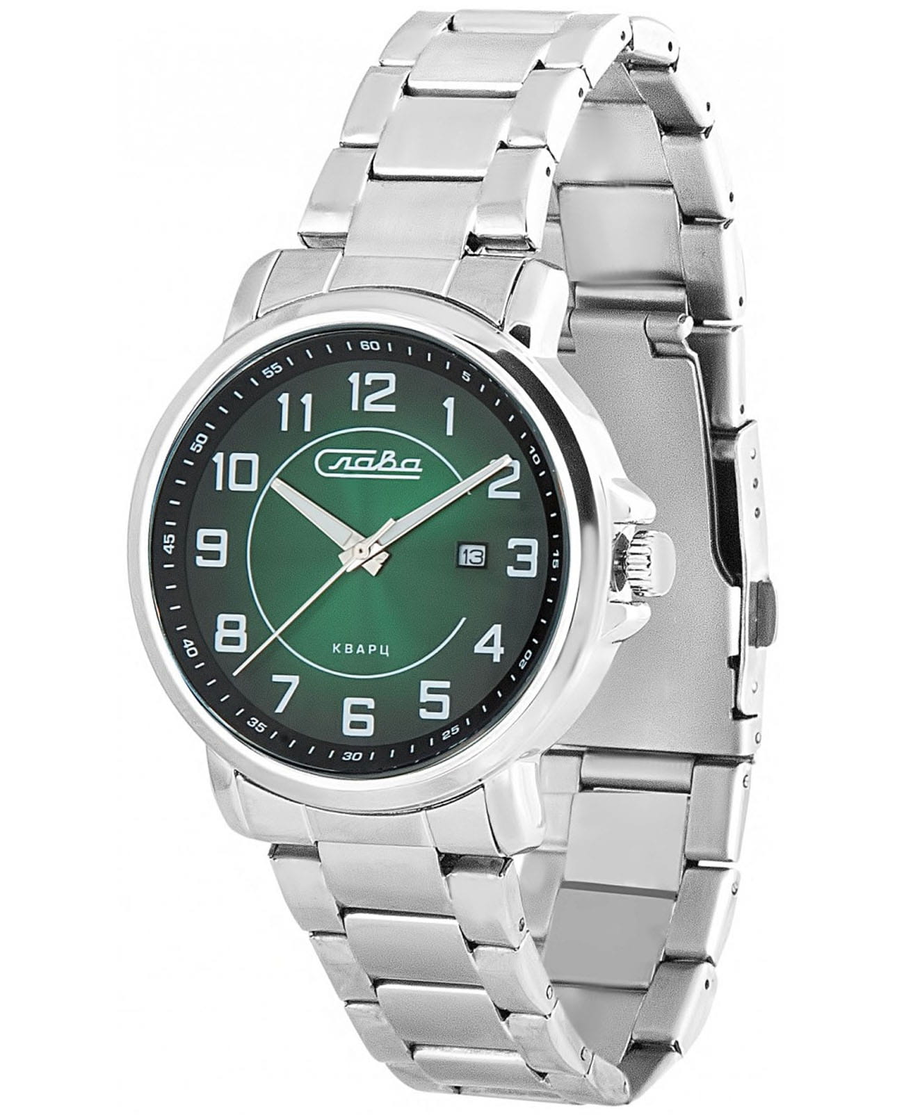 Слава Слава Традиция 2351462/100-2115  2351462/100-2115 кварцевые мужские часы зеленый циферблат, браслет нержавеющая сталь — вид спереди